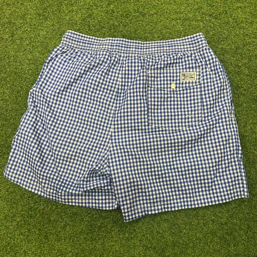 Polo Ralph Lauren Mens Blue Gingham Swim Trunks Shorts Large Pony Logo